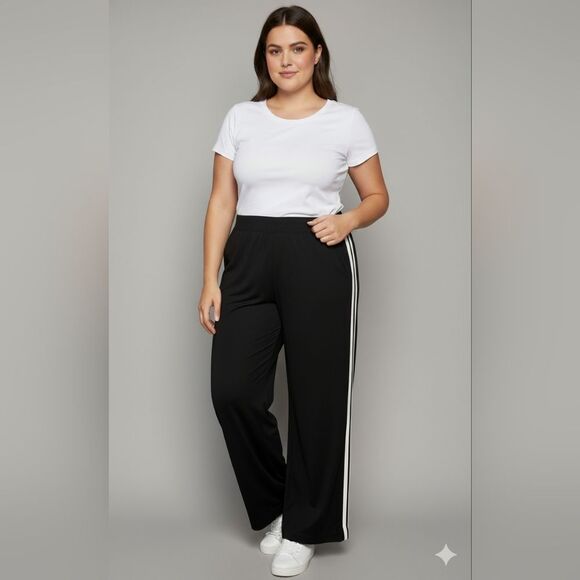 tek gear Pants - Tek Gear Women's Vintage Black Double Striped High Waist Track Pants Sz Large 🐈